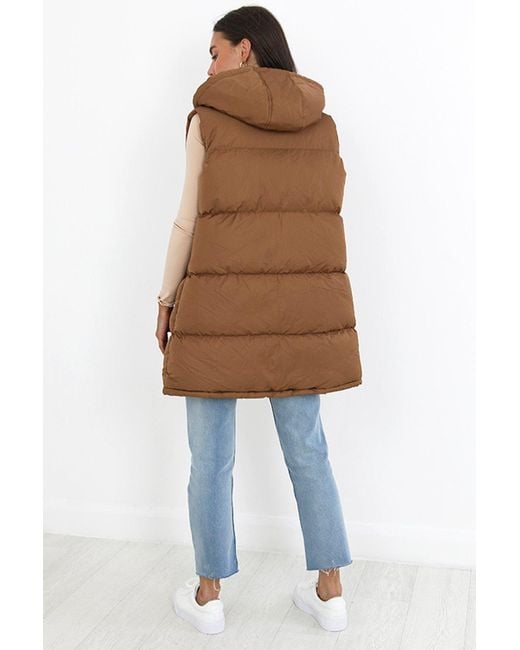 Brave Soul Brown 'cello' Longline Hooded Puffer Gilet
