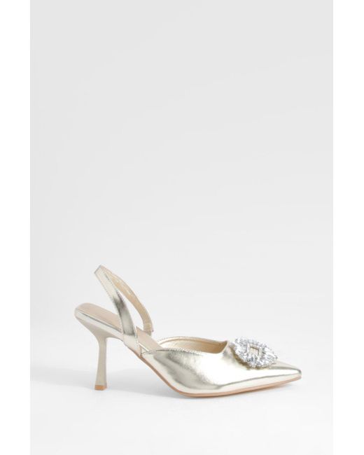 Boohoo White Embellished Slingback Metallic Court Heels