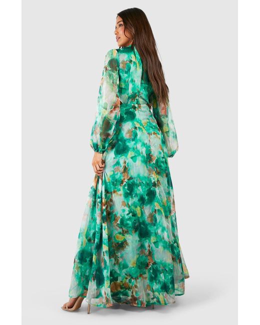 Boohoo Green Floral Print Chiffon Cut Out Maxi Dress