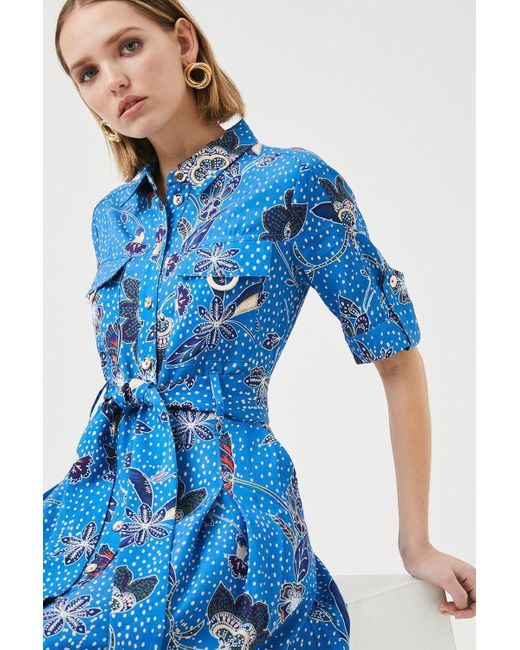 Karen Millen Blue Petite Floral Batik Linen Woven Shirt Dress