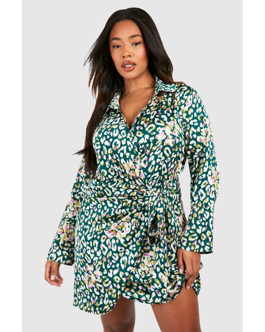 Boohoo Green Plus Satin Leopard Print Drape Wrap Shirt Dress