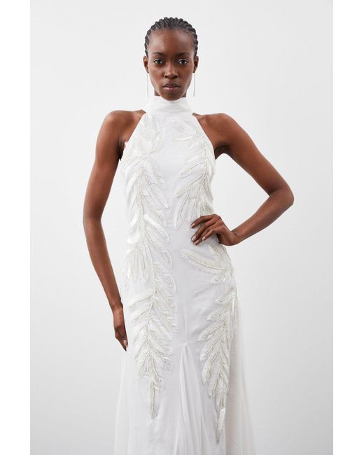 Karen Millen White Halter Neck Feather Sequin Detail Woven Maxi Dress