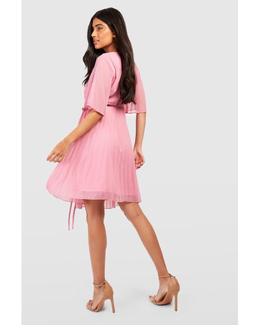 Boohoo Pink Maternity Pleated Wrap Midi Skater Dress