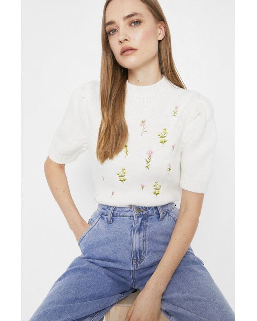 Warehouse White Embroidered Cosy Knitted Tee