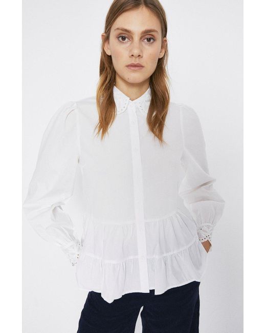 Warehouse White Embroidered Collar Tiered Shirt