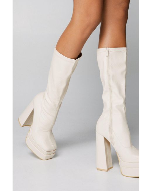 Nasty Gal White Faux Leather Platform Knee High Sock Boots