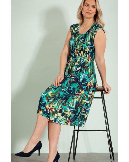 Klass Green Botanical Print Pleated Chiffon Dress