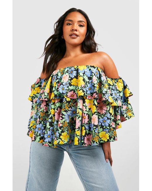 Boohoo Blue Plus Woven Ruffle Floral Off Shoulder Top