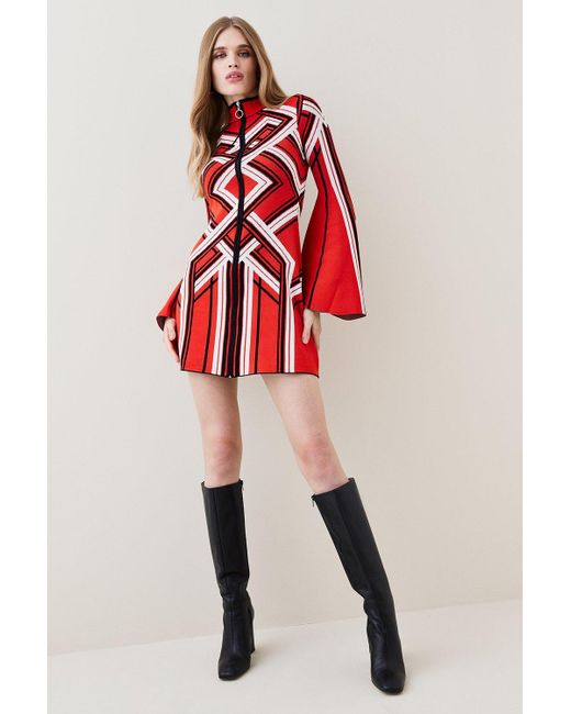 Karen Millen Red Placement Stripe Zip Through Knit Mini Dress