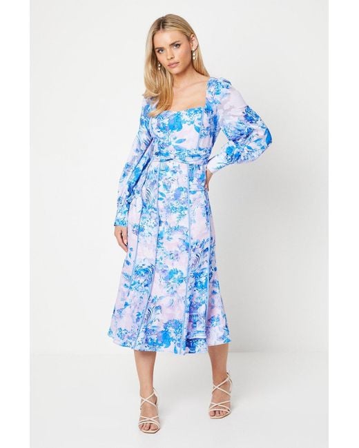 Coast Blue Petite Square Neck Georgette Midi Dress In Floral Print