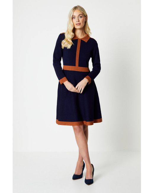 Wallis Blue Petite Tipped Collar Knitted Dress
