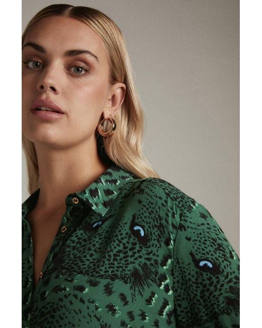 Karen Millen Green Plus Size Conversational Leopard Sleeved Woven Shirt