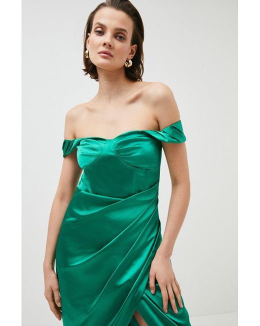 Karen Millen Green Italian Structured Satin Bardot Drape Midaxi Dress