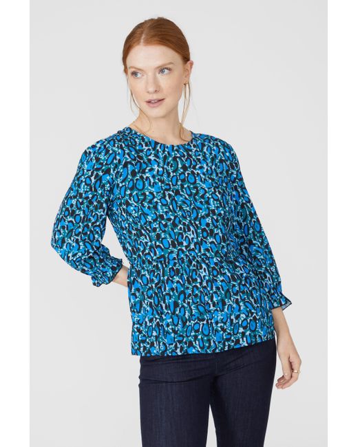 MAINE Blue Animal Print Frill Detail Top