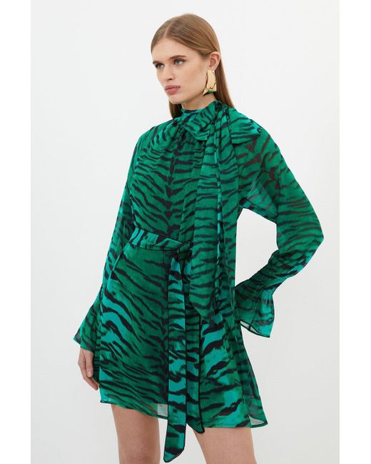 Karen Millen Green Wild Tiger Printed Georgette Woven Belted Mini Dress