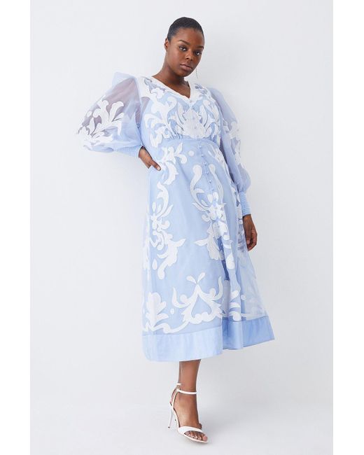 Karen Millen Blue Plus Size Applique Organdie Buttoned Woven Maxi Dress