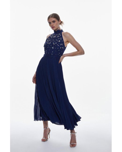 Karen Millen Blue Tall Lace Embellished Halter Pleated Woven Midi Dress