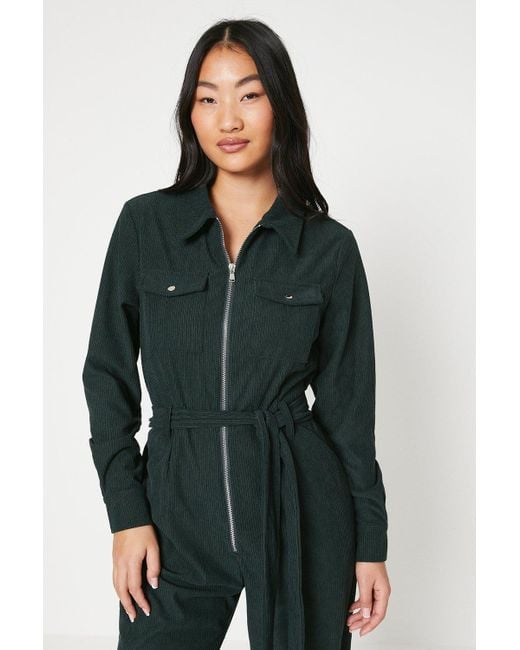 Oasis Green Petite Cord Zip Front Belted Boilersuit