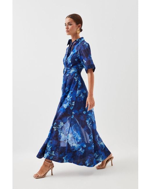 Karen Millen Blue Petite Floral Organdie Midaxi Shirt Dress
