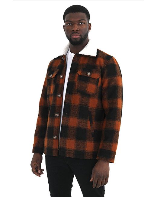 Brave Soul Black 'augustus' Checked Jacket With Sherpa Collar for men