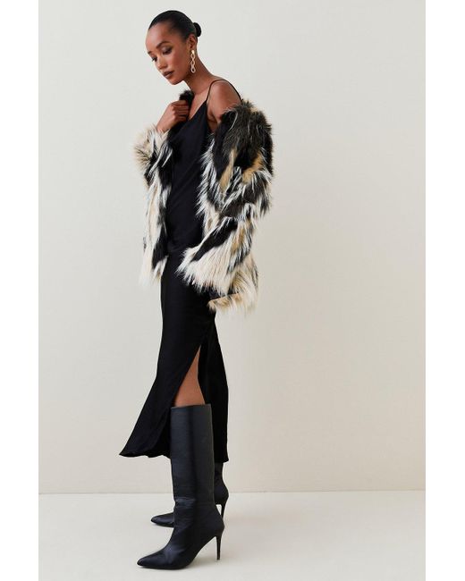 Karen Millen Natural Jacquard Faux Fur Pu Belted Coat