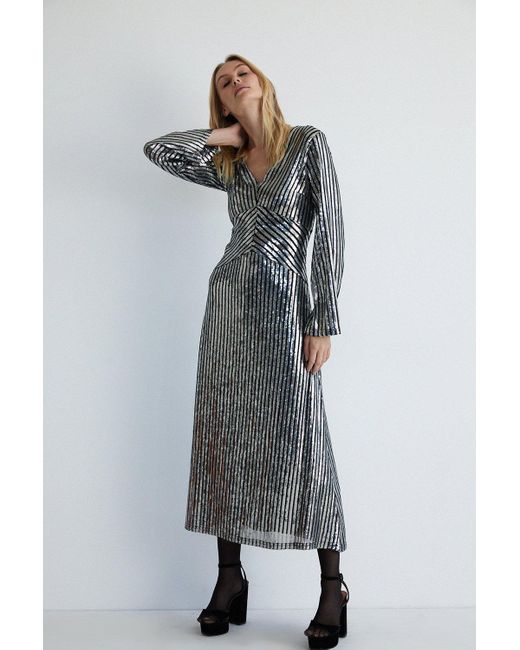 Warehouse Gray Sequin Stripe Plunge Maxi Dress