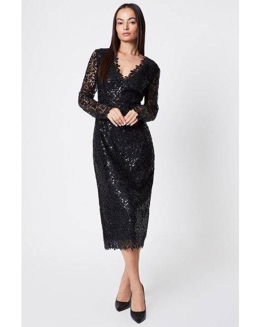 Coast Black Sequin Lace Sheer Sleeve Pencil Dress