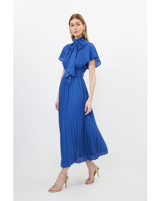 Karen Millen Blue Tall Georgette Pussy Bow Tie Woven Midi Dress