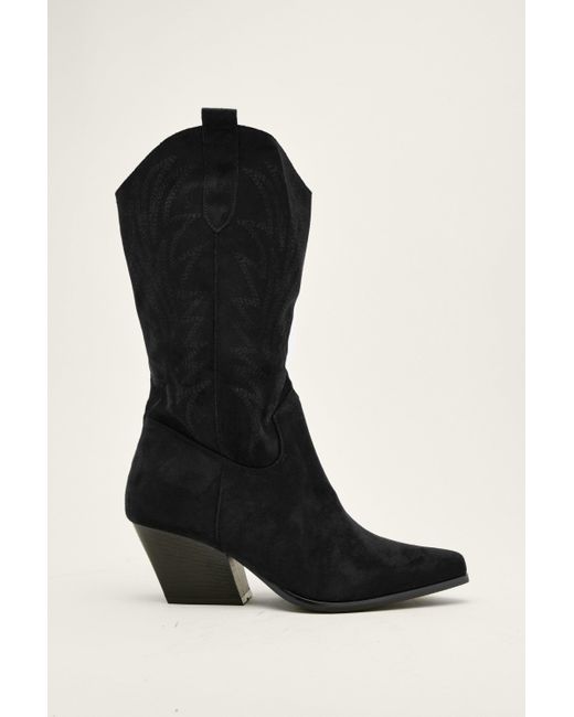 Nasty Gal Black Faux Suede Embroidered Cowboy Boots