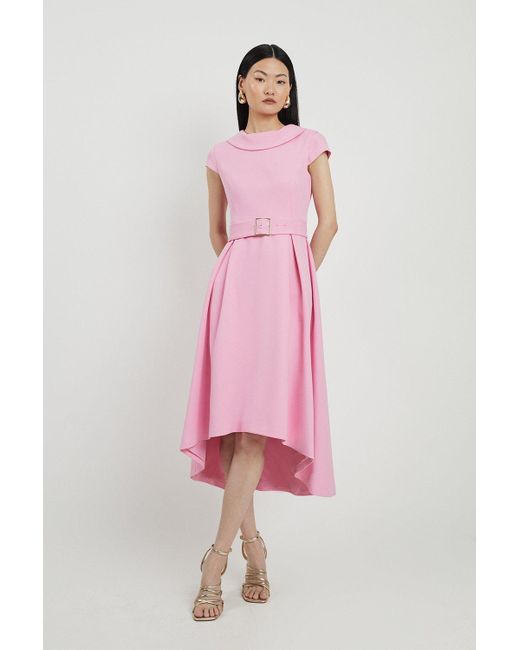 Karen Millen Pink Petite Structured Crepe Roll Neck Dip Hem Cap Sleeve Dress