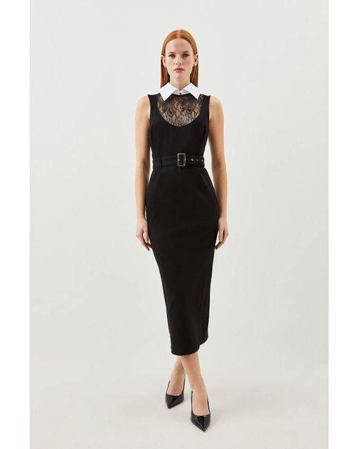 Karen Millen Black Petite Lace Ponte Cotton Mix Jersey Midi Dress