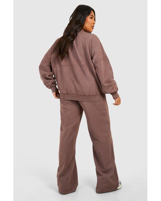 Boohoo Brown Plus Washed Zip Through Bomber Straight Leg Tracksuit