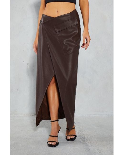 MissPap Brown Leather Look Wrap Utility Midi Skirt