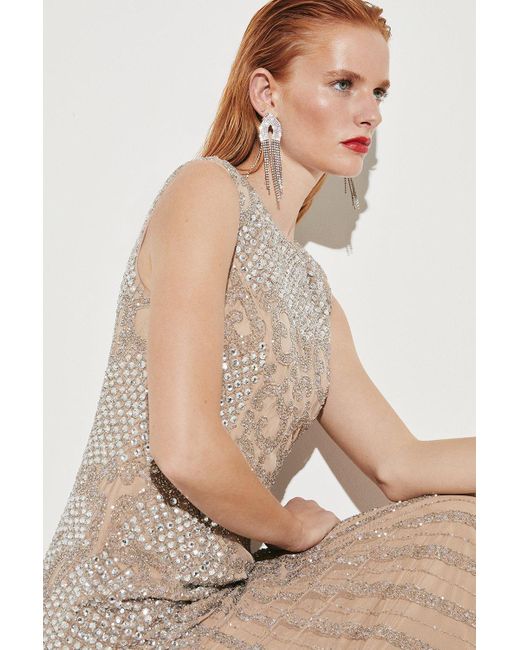 Karen Millen Natural Crystal Embellished Halter Maxi Dress