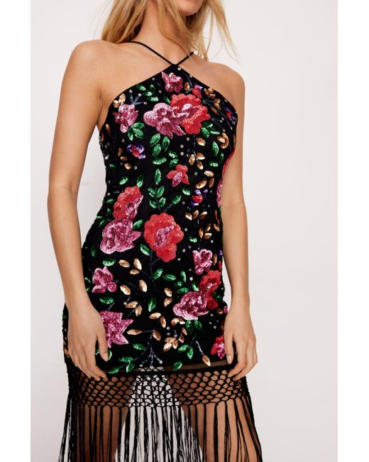 Black floral halter dress sales
