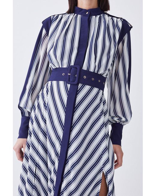 Karen Millen Blue Petite Military Stripe Woven Midi Dress