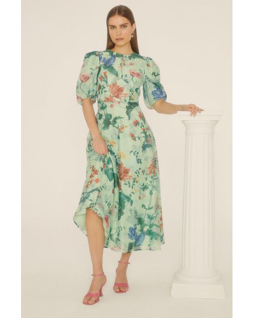 Oasis Green Trailing Floral Keyhole Organza Midi Dress