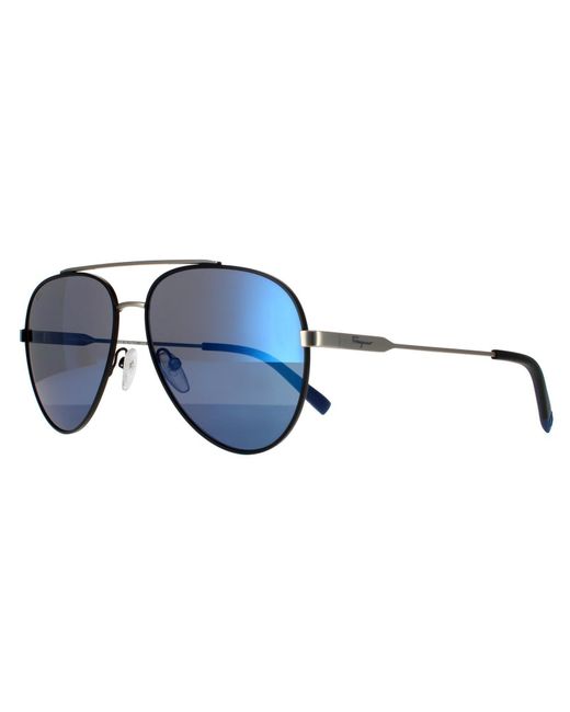 Ferragamo Aviator Black Matte Dark Ruthenium Flash Blue Sky Sunglasses for men