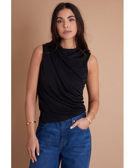 ANOTHER SUNDAY Jersey Cowl Ruched Side Sleeveless Top In Black