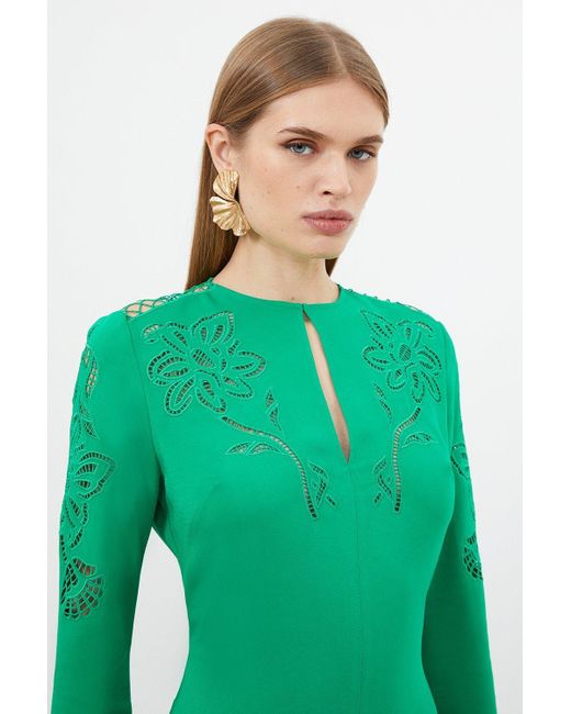 Karen Millen Green Petite Premium Cady Cutwork Woven Long Sleeve Maxi Dress
