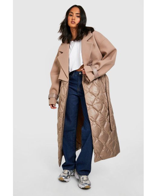 Boohoo Blue Quilted Wool Look Padded Trench Coat