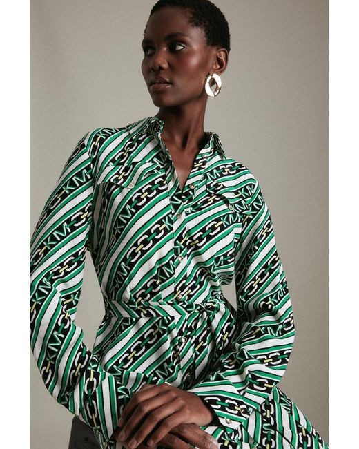 Karen Millen Green Km Chain Print Woven Midi Shirt Dress