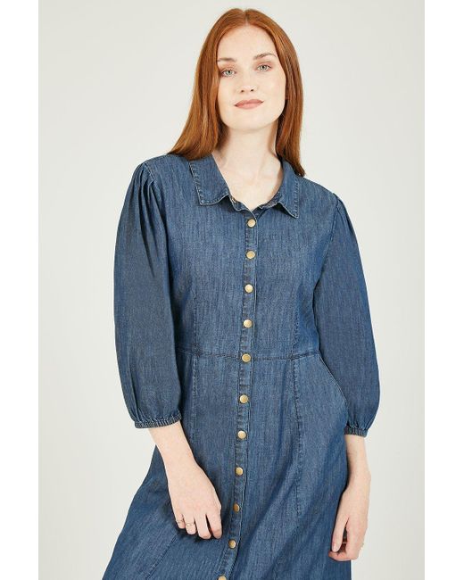 Yumi' Blue Chambray Shirt Dress With Puff Sleeves