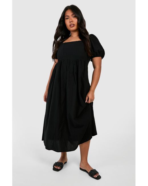 Boohoo Black Plus Linen Puff Sleeve Midaxi Smock Dress