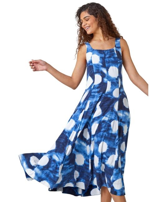 Roman Blue Abstract Spot Print Panelled Midi Dress