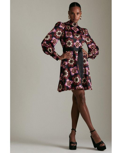 Karen Millen Black 70's Tile Print Satin Woven Mini Dress