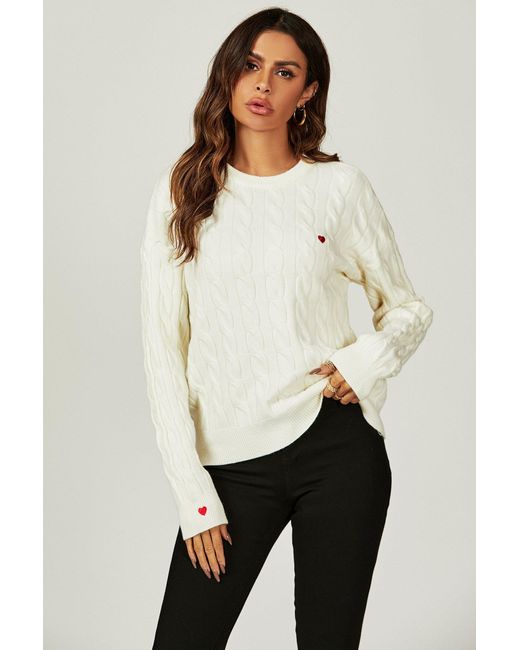 FS Collection Natural Heart Embroidery Jumper Top In Cream