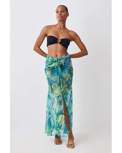 Karen Millen Blue Tropical Printed Ruched Woven Beach Skirt