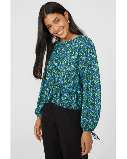 MAINE Green Printed Blouse With Tie Detail