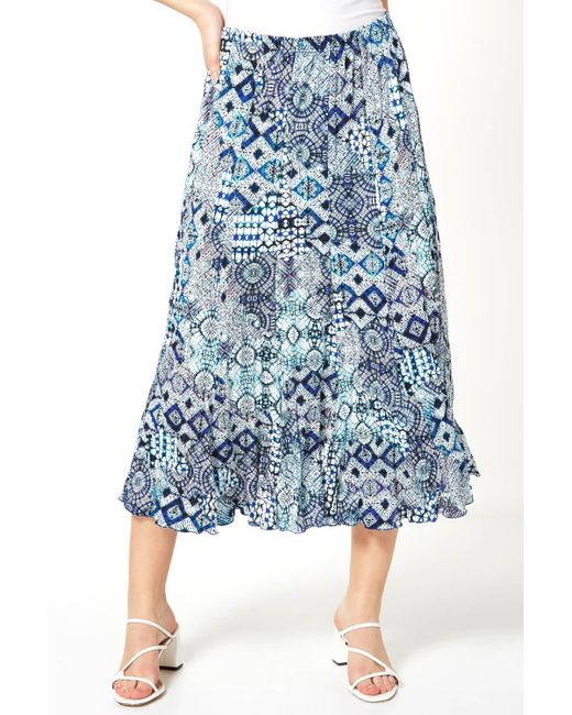 Roman Blue Crinkle Geometric Print Midi Skirt
